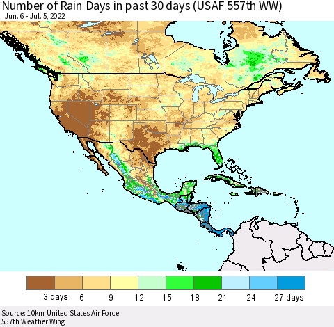 North America Number of Rain Days in past 30 days (USAF 557th WW) 07/05/2022 Thematic Map For 7/1/2022 - 7/5/2022