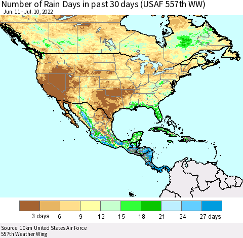 North America Number of Rain Days in past 30 days (USAF 557th WW) 07/10/2022 Thematic Map For 7/6/2022 - 7/10/2022