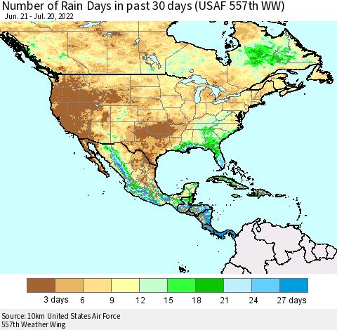 North America Number of Rain Days in past 30 days (USAF 557th WW) 07/20/2022 Thematic Map For 7/16/2022 - 7/20/2022