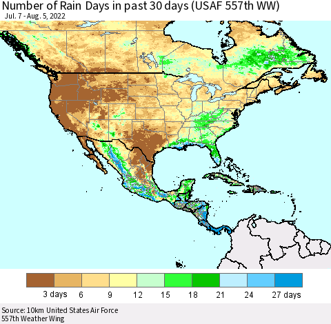 North America Number of Rain Days in past 30 days (USAF 557th WW) 08/05/2022 Thematic Map For 8/1/2022 - 8/5/2022