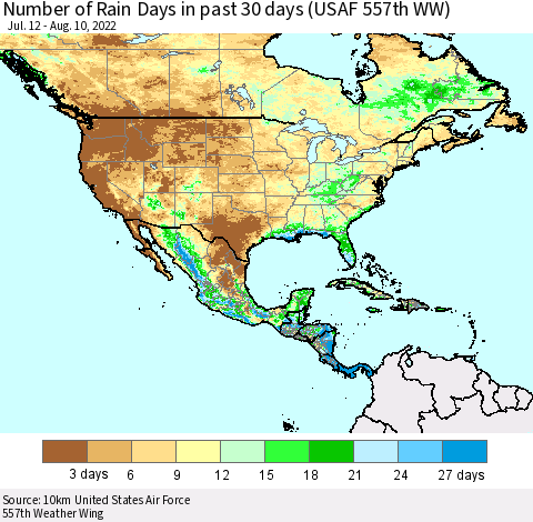 North America Number of Rain Days in past 30 days (USAF 557th WW) 08/10/2022 Thematic Map For 8/6/2022 - 8/10/2022