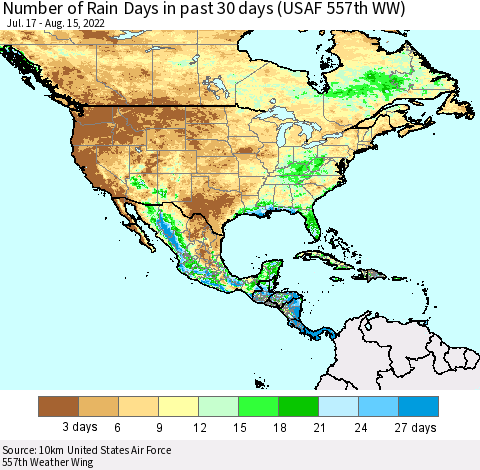 North America Number of Rain Days in past 30 days (USAF 557th WW) 08/15/2022 Thematic Map For 8/11/2022 - 8/15/2022