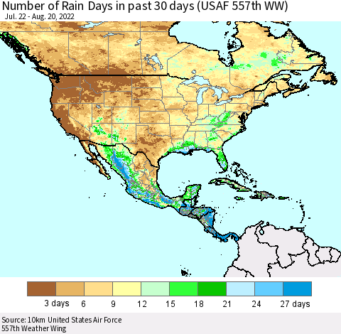 North America Number of Rain Days in past 30 days (USAF 557th WW) 08/20/2022 Thematic Map For 8/16/2022 - 8/20/2022