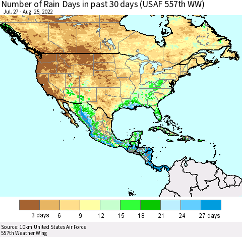 North America Number of Rain Days in past 30 days (USAF 557th WW) 08/25/2022 Thematic Map For 8/21/2022 - 8/25/2022
