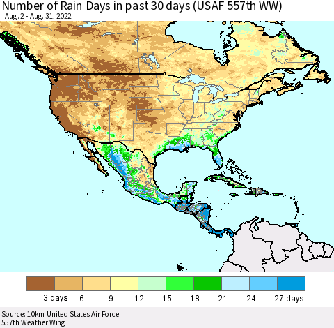 North America Number of Rain Days in past 30 days (USAF 557th WW) 08/31/2022 Thematic Map For 8/26/2022 - 8/31/2022