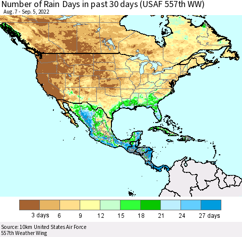North America Number of Rain Days in past 30 days (USAF 557th WW) 09/05/2022 Thematic Map For 9/1/2022 - 9/5/2022