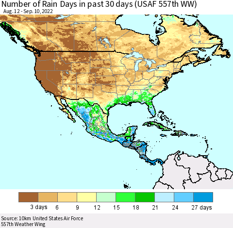 North America Number of Rain Days in past 30 days (USAF 557th WW) 09/10/2022 Thematic Map For 9/6/2022 - 9/10/2022