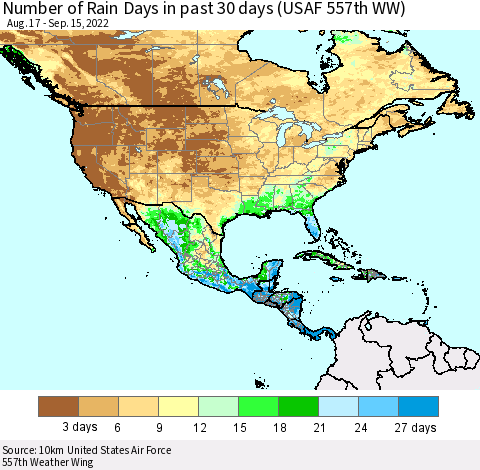 North America Number of Rain Days in past 30 days (USAF 557th WW) 09/15/2022 Thematic Map For 9/11/2022 - 9/15/2022