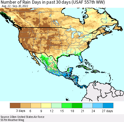 North America Number of Rain Days in past 30 days (USAF 557th WW) 09/20/2022 Thematic Map For 9/16/2022 - 9/20/2022