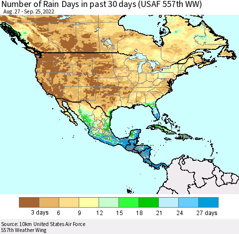 North America Number of Rain Days in past 30 days (USAF 557th WW) 09/25/2022 Thematic Map For 9/21/2022 - 9/25/2022