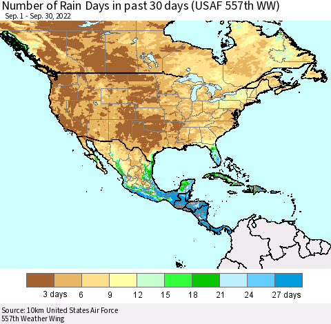 North America Number of Rain Days in past 30 days (USAF 557th WW) 09/30/2022 Thematic Map For 9/26/2022 - 9/30/2022