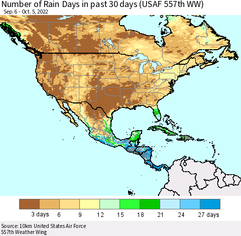North America Number of Rain Days in past 30 days (USAF 557th WW) 10/05/2022 Thematic Map For 10/1/2022 - 10/5/2022