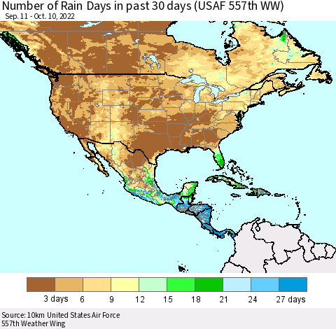 North America Number of Rain Days in past 30 days (USAF 557th WW) 10/10/2022 Thematic Map For 10/6/2022 - 10/10/2022
