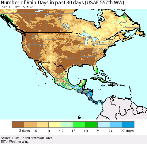 North America Number of Rain Days in past 30 days (USAF 557th WW) 10/15/2022 Thematic Map For 10/11/2022 - 10/15/2022