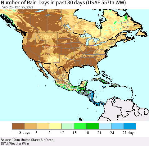 North America Number of Rain Days in past 30 days (USAF 557th WW) 10/25/2022 Thematic Map For 10/21/2022 - 10/25/2022
