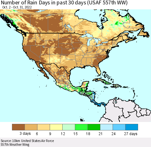 North America Number of Rain Days in past 30 days (USAF 557th WW) 10/31/2022 Thematic Map For 10/26/2022 - 10/31/2022