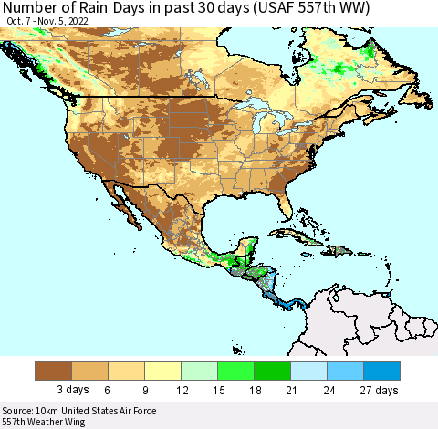 North America Number of Rain Days in past 30 days (USAF 557th WW) 11/05/2022 Thematic Map For 11/1/2022 - 11/5/2022