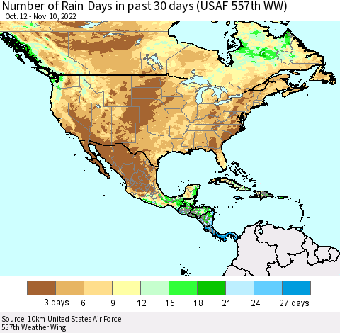 North America Number of Rain Days in past 30 days (USAF 557th WW) 11/10/2022 Thematic Map For 11/6/2022 - 11/10/2022