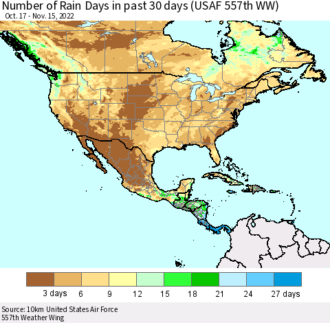 North America Number of Rain Days in past 30 days (USAF 557th WW) 11/15/2022 Thematic Map For 11/11/2022 - 11/15/2022