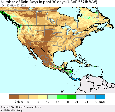 North America Number of Rain Days in past 30 days (USAF 557th WW) 11/20/2022 Thematic Map For 11/16/2022 - 11/20/2022