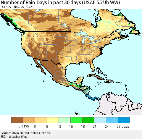North America Number of Rain Days in past 30 days (USAF 557th WW) 11/25/2022 Thematic Map For 11/21/2022 - 11/25/2022