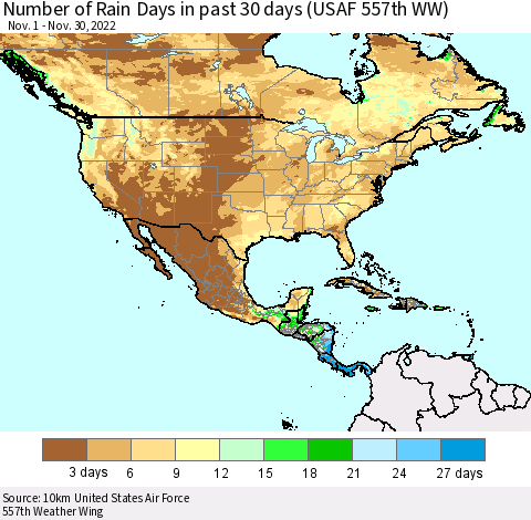 North America Number of Rain Days in past 30 days (USAF 557th WW) 11/30/2022 Thematic Map For 11/26/2022 - 11/30/2022