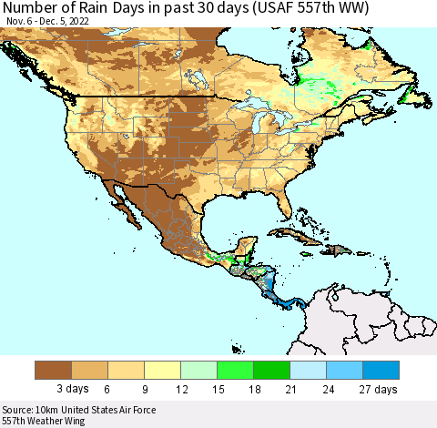 North America Number of Rain Days in past 30 days (USAF 557th WW) 12/05/2022 Thematic Map For 12/1/2022 - 12/5/2022
