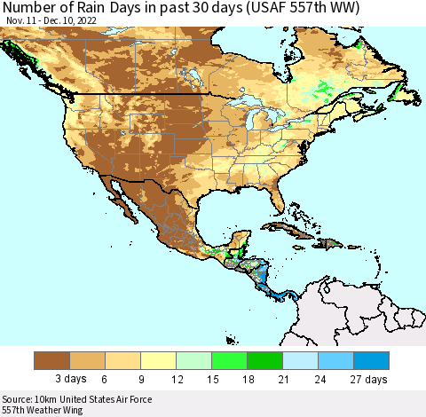 North America Number of Rain Days in past 30 days (USAF 557th WW) 12/10/2022 Thematic Map For 12/6/2022 - 12/10/2022