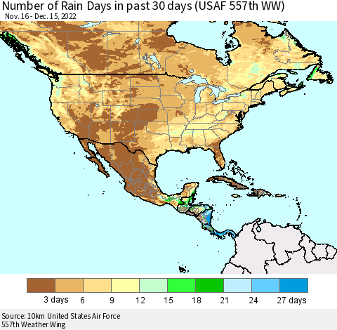 North America Number of Rain Days in past 30 days (USAF 557th WW) 12/15/2022 Thematic Map For 12/11/2022 - 12/15/2022