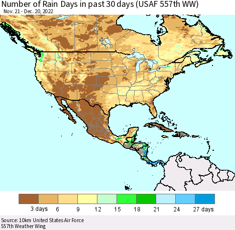 North America Number of Rain Days in past 30 days (USAF 557th WW) 12/20/2022 Thematic Map For 12/16/2022 - 12/20/2022