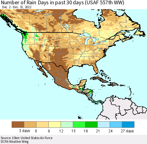 North America Number of Rain Days in past 30 days (USAF 557th WW) 12/31/2022 Thematic Map For 12/26/2022 - 12/31/2022