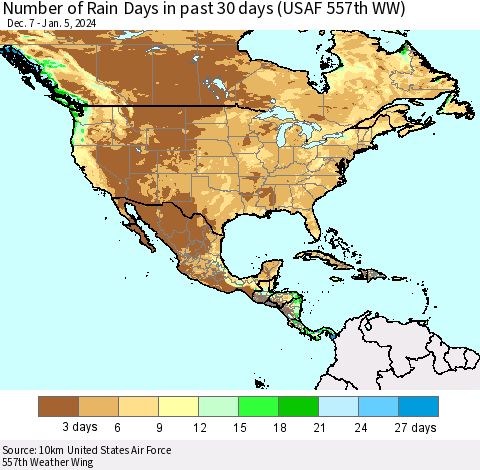 North America Number of Rain Days in past 30 days (USAF 557th WW) 01/05/2024 Thematic Map For 1/1/2024 - 1/5/2024