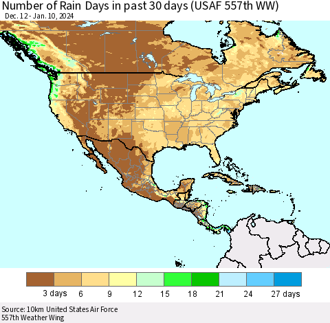 North America Number of Rain Days in past 30 days (USAF 557th WW) 01/10/2024 Thematic Map For 1/6/2024 - 1/10/2024