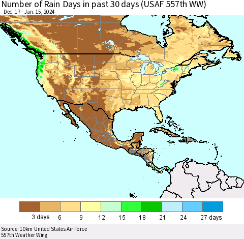 North America Number of Rain Days in past 30 days (USAF 557th WW) 01/15/2024 Thematic Map For 1/11/2024 - 1/15/2024