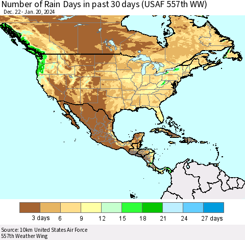 North America Number of Rain Days in past 30 days (USAF 557th WW) 01/20/2024 Thematic Map For 1/16/2024 - 1/20/2024
