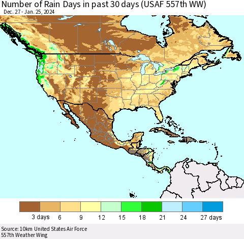 North America Number of Rain Days in past 30 days (USAF 557th WW) 01/25/2024 Thematic Map For 1/21/2024 - 1/25/2024