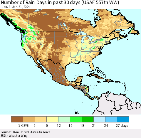 North America Number of Rain Days in past 30 days (USAF 557th WW) 01/31/2024 Thematic Map For 1/26/2024 - 1/31/2024