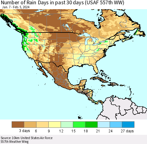 North America Number of Rain Days in past 30 days (USAF 557th WW) 02/05/2024 Thematic Map For 2/1/2024 - 2/5/2024