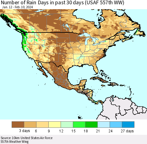 North America Number of Rain Days in past 30 days (USAF 557th WW) 02/10/2024 Thematic Map For 2/6/2024 - 2/10/2024