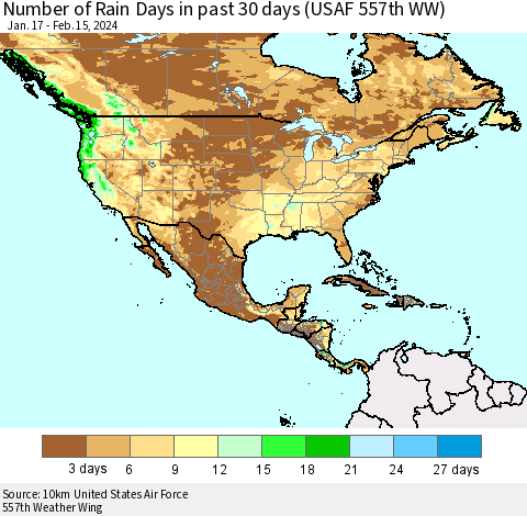 North America Number of Rain Days in past 30 days (USAF 557th WW) 02/15/2024 Thematic Map For 2/11/2024 - 2/15/2024