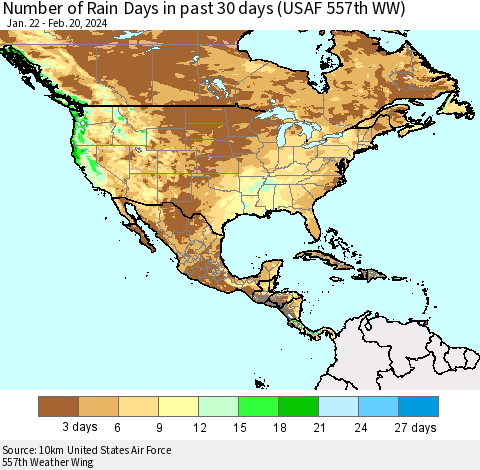 North America Number of Rain Days in past 30 days (USAF 557th WW) 02/20/2024 Thematic Map For 2/16/2024 - 2/20/2024