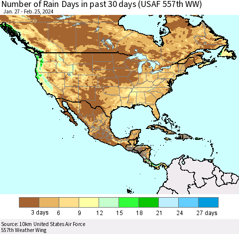 North America Number of Rain Days in past 30 days (USAF 557th WW) 02/25/2024 Thematic Map For 2/21/2024 - 2/25/2024