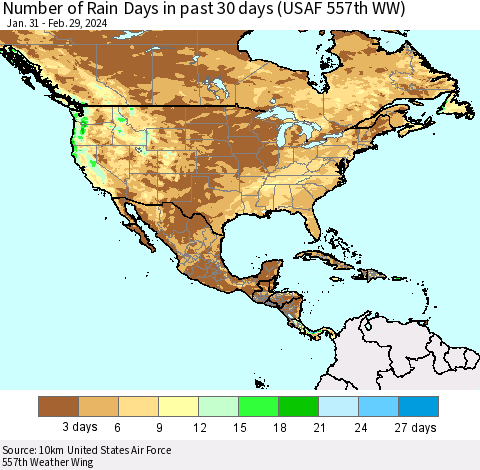 North America Number of Rain Days in past 30 days (USAF 557th WW) 02/29/2024 Thematic Map For 2/26/2024 - 2/29/2024
