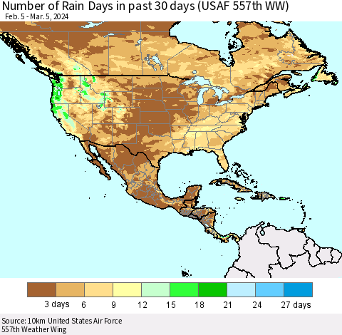 North America Number of Rain Days in past 30 days (USAF 557th WW) 03/05/2024 Thematic Map For 3/1/2024 - 3/5/2024