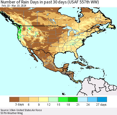 North America Number of Rain Days in past 30 days (USAF 557th WW) 03/10/2024 Thematic Map For 3/6/2024 - 3/10/2024