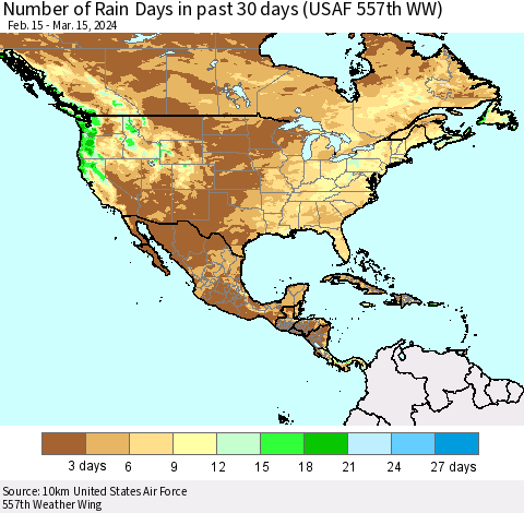 North America Number of Rain Days in past 30 days (USAF 557th WW) 03/15/2024 Thematic Map For 3/11/2024 - 3/15/2024