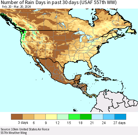 North America Number of Rain Days in past 30 days (USAF 557th WW) 03/20/2024 Thematic Map For 3/16/2024 - 3/20/2024