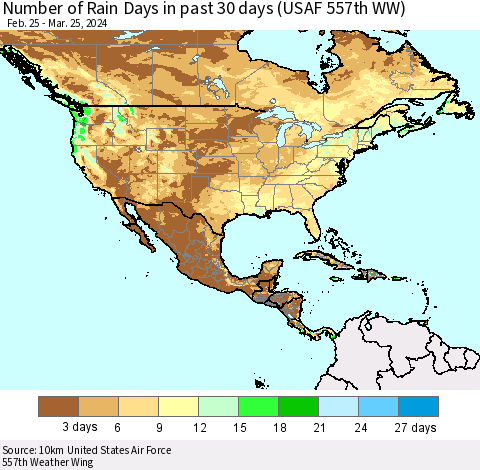 North America Number of Rain Days in past 30 days (USAF 557th WW) 03/25/2024 Thematic Map For 3/21/2024 - 3/25/2024