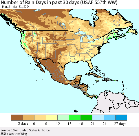 North America Number of Rain Days in past 30 days (USAF 557th WW) 03/31/2024 Thematic Map For 3/26/2024 - 3/31/2024