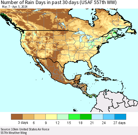North America Number of Rain Days in past 30 days (USAF 557th WW) 04/05/2024 Thematic Map For 4/1/2024 - 4/5/2024
